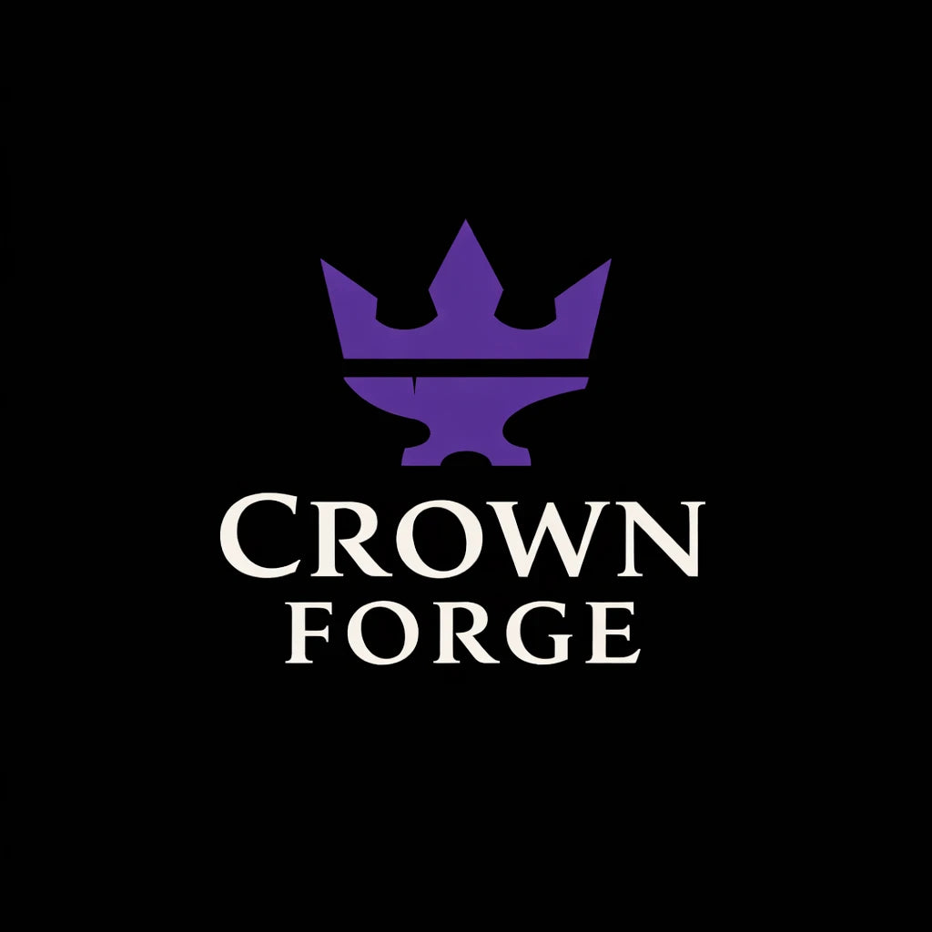 Sophisticated brand logo concept on black background featuring minimalist symbol, balanced typography, and premium identity design: CROWN FORGE
