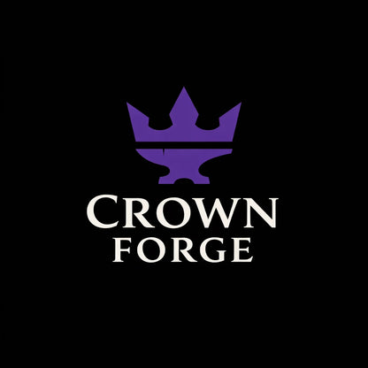 Sophisticated brand logo concept on black background featuring minimalist symbol, balanced typography, and premium identity design: CROWN FORGE
