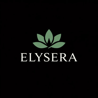 Sophisticated brand logo concept on black background featuring minimalist symbol, balanced typography, and premium identity design: ELYSERA