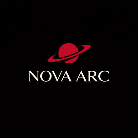 Sophisticated brand logo concept on black background featuring minimalist symbol, balanced typography, and premium identity design: NOVA ARC