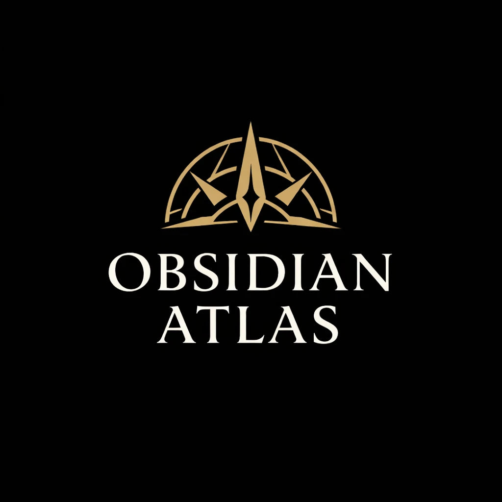 Sophisticated brand logo concept on black background featuring minimalist symbol, balanced typography, and premium identity design: OBSIDIAN ATLAS