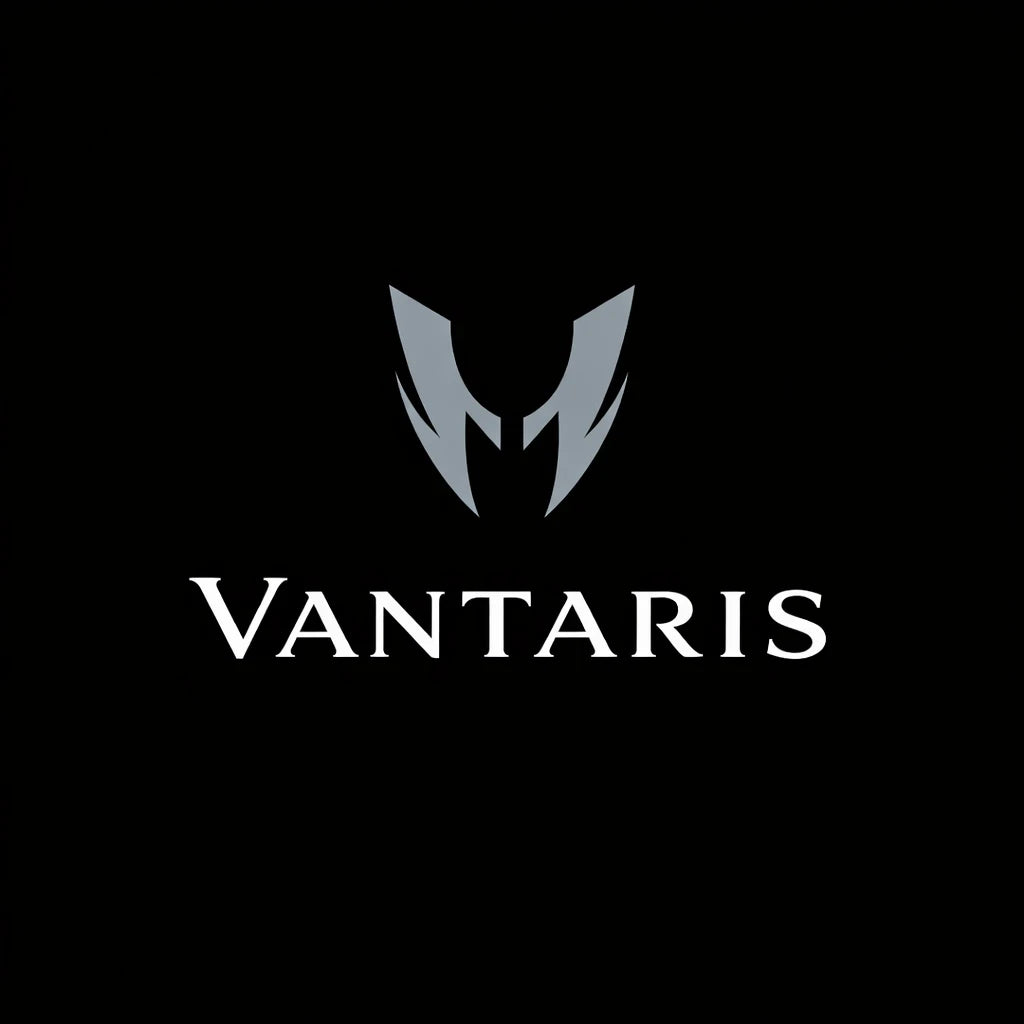 Sophisticated brand logo concept on black background featuring minimalist symbol, balanced typography, and premium identity design: VANTARIS