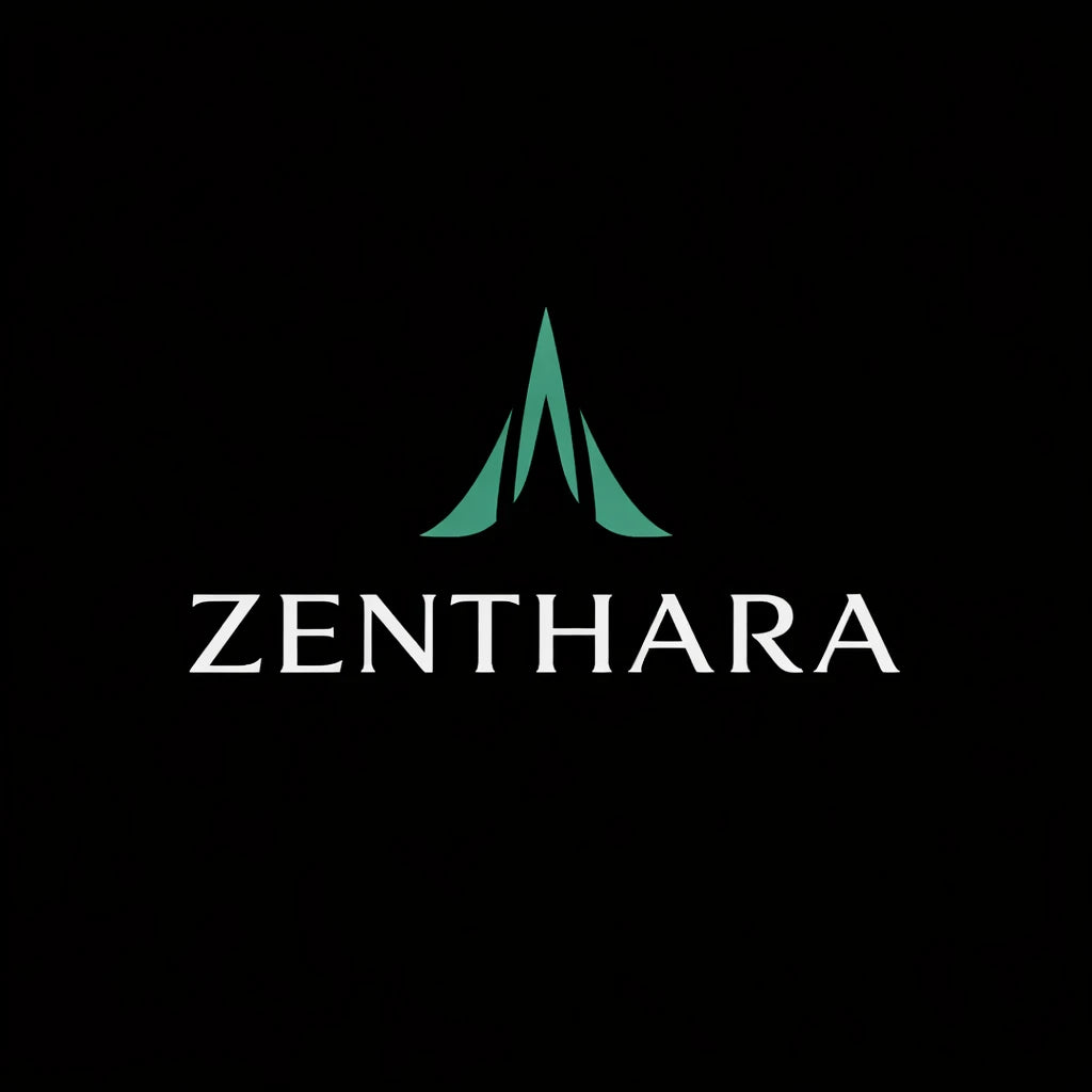 Sophisticated brand logo concept on black background featuring minimalist symbol, balanced typography, and premium identity design: ZENTHARA