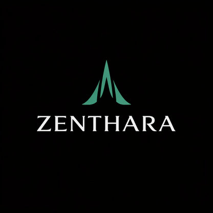 Sophisticated brand logo concept on black background featuring minimalist symbol, balanced typography, and premium identity design: ZENTHARA