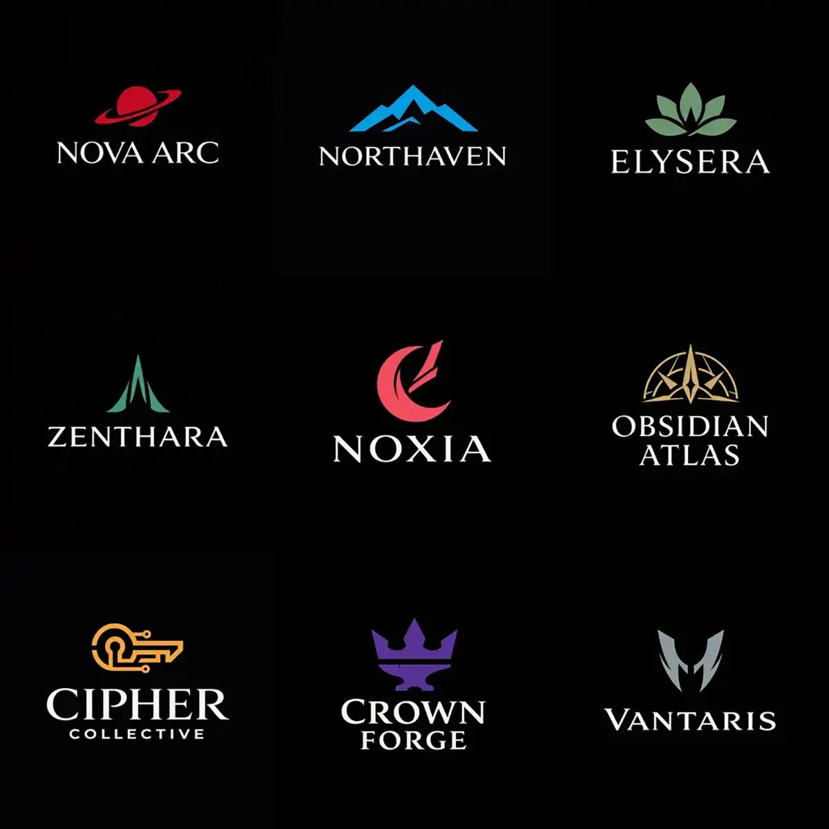 Grid of sophisticated brand logo concepts on black backgrounds featuring minimalist symbols, balanced typography, and premium identity design.