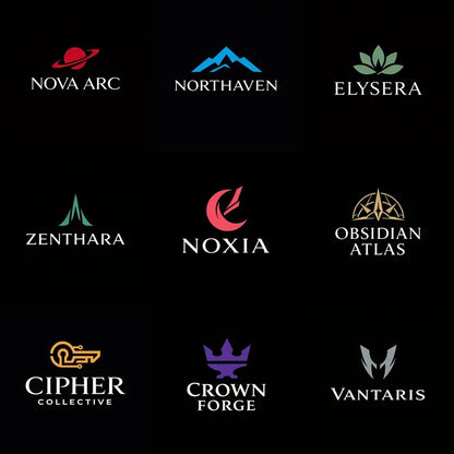 Grid of sophisticated brand logo concepts on black backgrounds featuring minimalist symbols, balanced typography, and premium identity design.