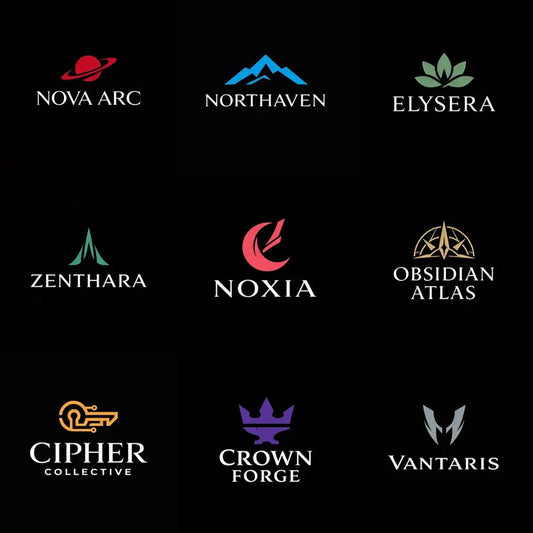 Grid of sophisticated brand logo concepts on black backgrounds featuring minimalist symbols, balanced typography, and premium identity design.