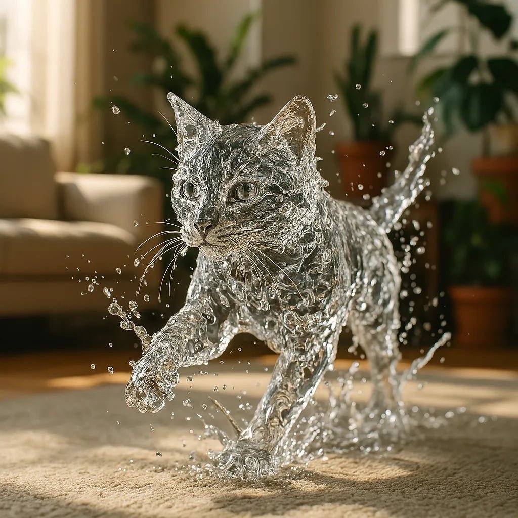 Example output from the Splash Sculptures Animals Made Of Water ChatGPT prompt: Cat.