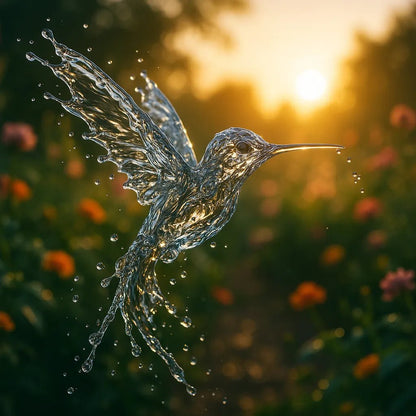 Example output from the Splash Sculptures Animals Made Of Water ChatGPT prompt: Hummingbird.