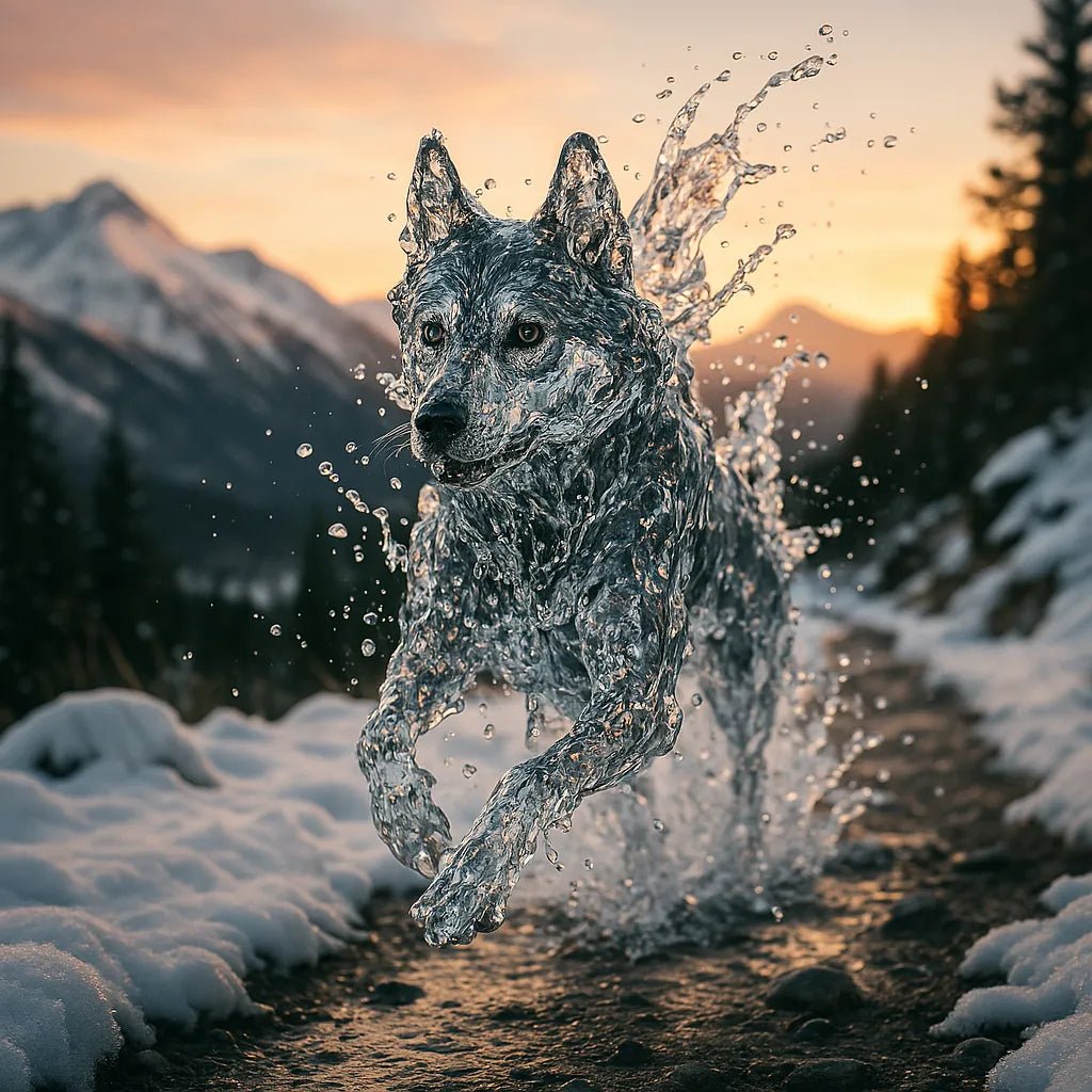 Example output from the Splash Sculptures Animals Made Of Water ChatGPT prompt: Wolf.
