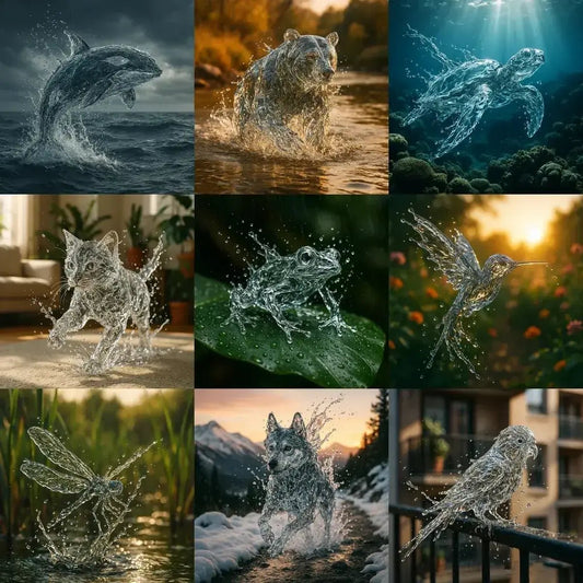 Example output from the Splash Sculptures Animals Made Of Water ChatGPT prompt: lifelike animal forms created entirely from photorealistic water splashes, frozen mid-motion with cinematic lighting and dramatic backgrounds.