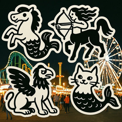 Example output from the Sticker Collages On Real Photos ChatGPT prompt: real-world scenes overlaid with cartoon sticker graphics. Mytical.
