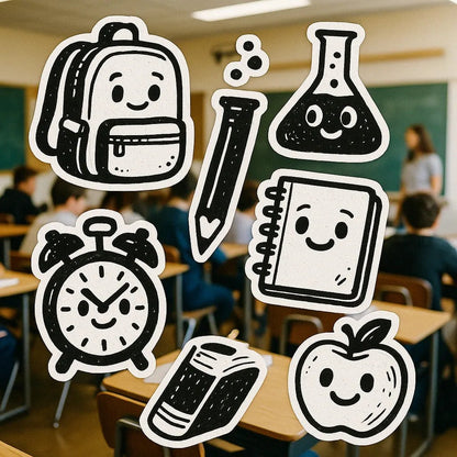 Example output from the Sticker Collages On Real Photos ChatGPT prompt: real-world scenes overlaid with cartoon sticker graphics. School Stuff.