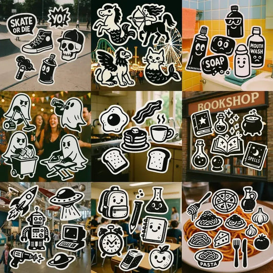 Example output from the Sticker Collages On Real Photos ChatGPT prompt: real-world scenes overlaid with cartoon sticker graphics in white-bordered line art, featuring playful collage grids and zine-inspired visuals.