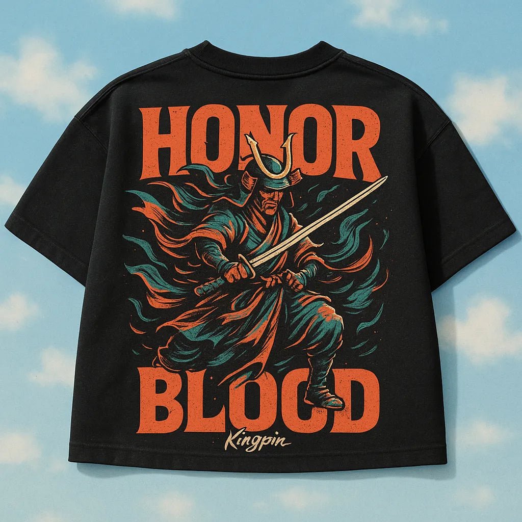 Example output from the Streetwear Black T-Shirt Design ChatGPT prompt: Honor Blood