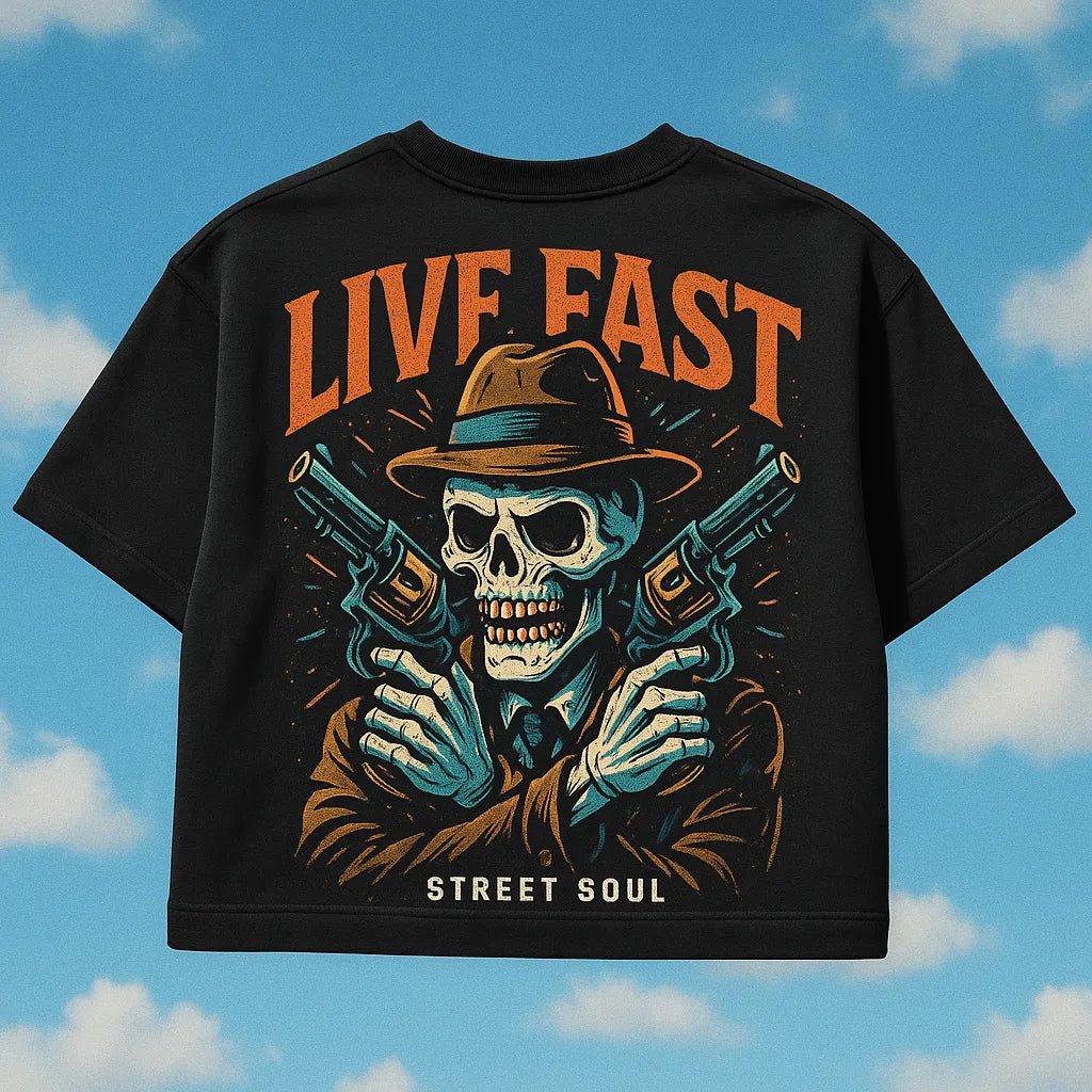 Example output from the Streetwear Black T-Shirt Design ChatGPT prompt: Live Fast