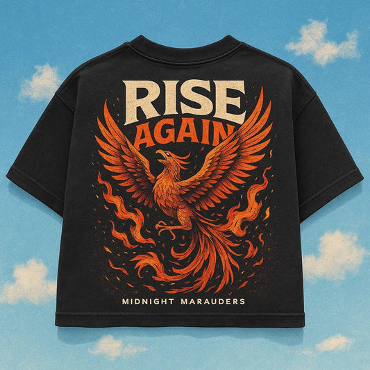 Example output from the Streetwear Black T-Shirt Design ChatGPT prompt: Rise Again