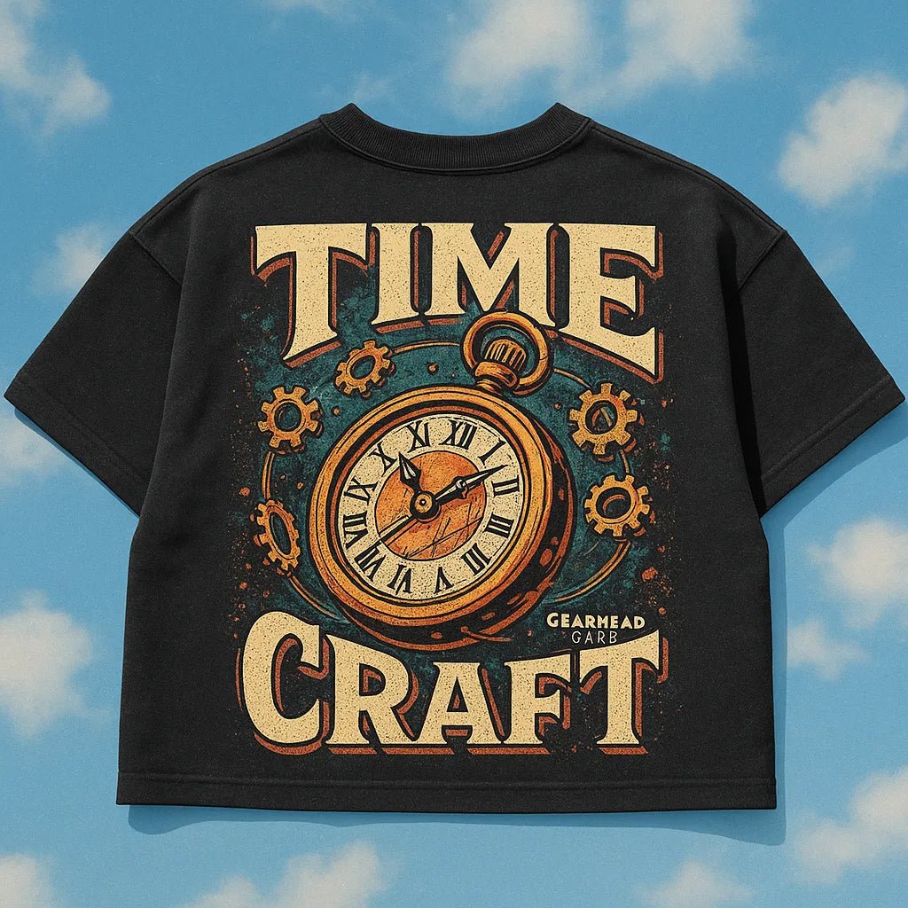 Example output from the Streetwear Black T-Shirt Design ChatGPT prompt: Time Craft