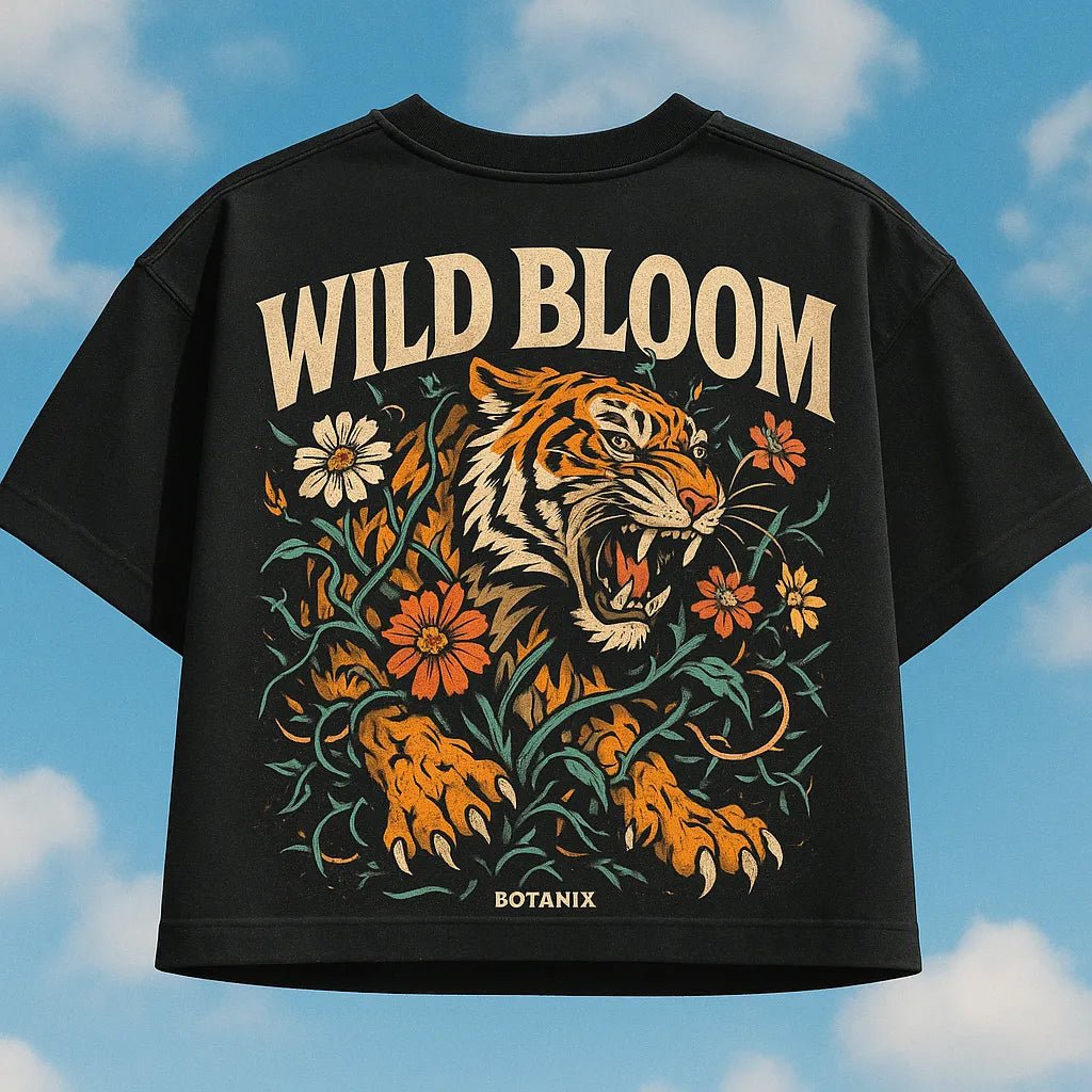 Example output from the Streetwear Black T-Shirt Design ChatGPT prompt: Wild Bloom