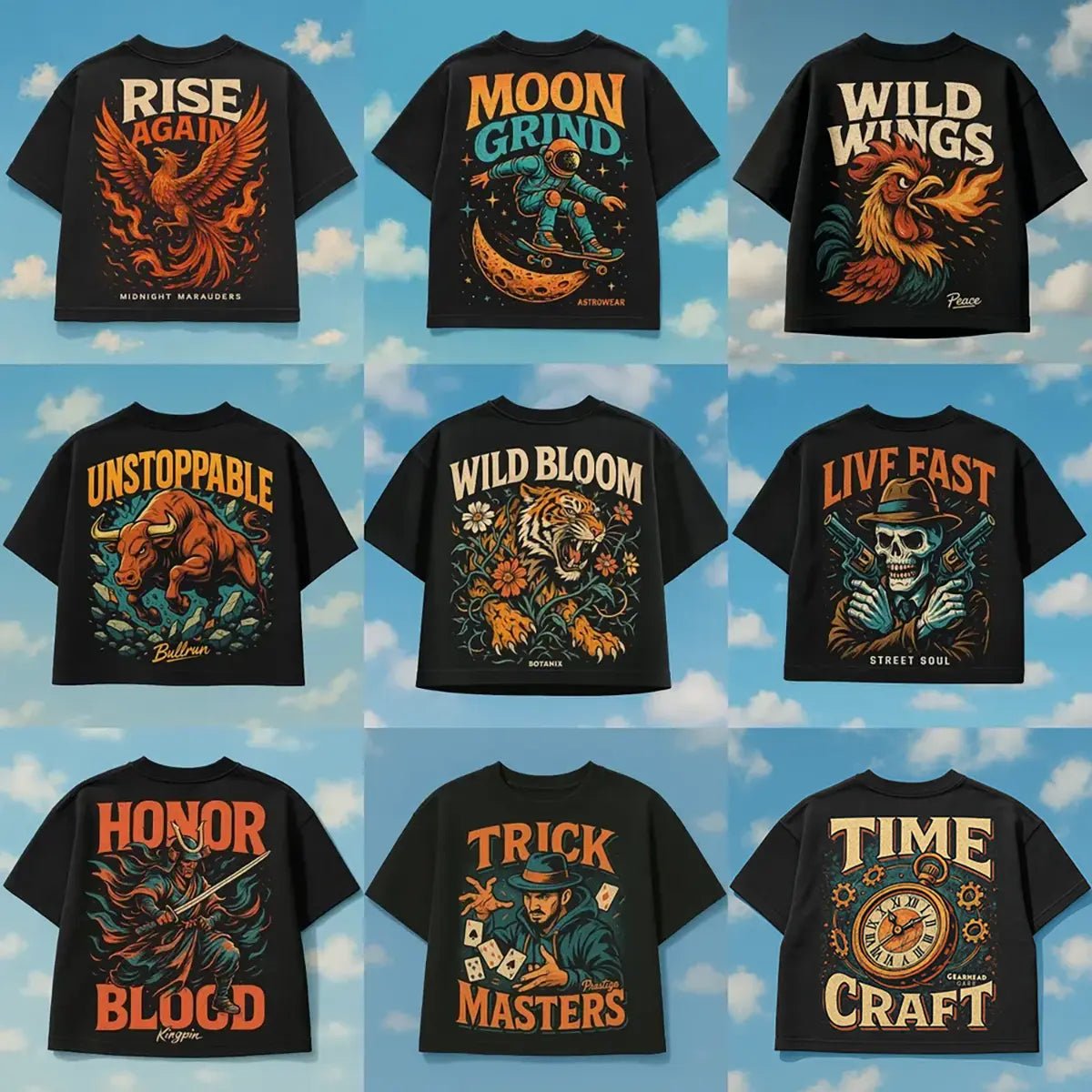 Example output from the Streetwear Black T-Shirt Design ChatGPT prompt: back-of-shirt designs on black cropped tees featuring vivid illustrations, retro type, and gritty textures, styled over a bright sky background for visual contrast.
