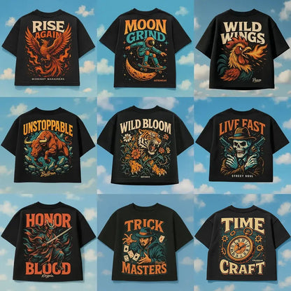 Example output from the Streetwear Black T-Shirt Design ChatGPT prompt: back-of-shirt designs on black cropped tees featuring vivid illustrations, retro type, and gritty textures, styled over a bright sky background for visual contrast.