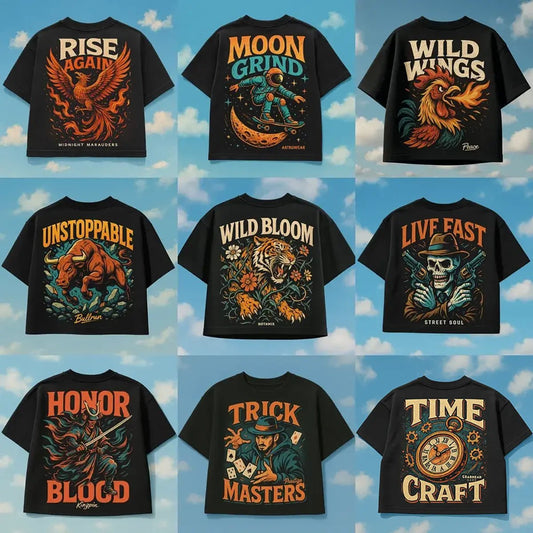 Example output from the Streetwear Black T-Shirt Design ChatGPT prompt: back-of-shirt designs on black cropped tees featuring vivid illustrations, retro type, and gritty textures, styled over a bright sky background for visual contrast.