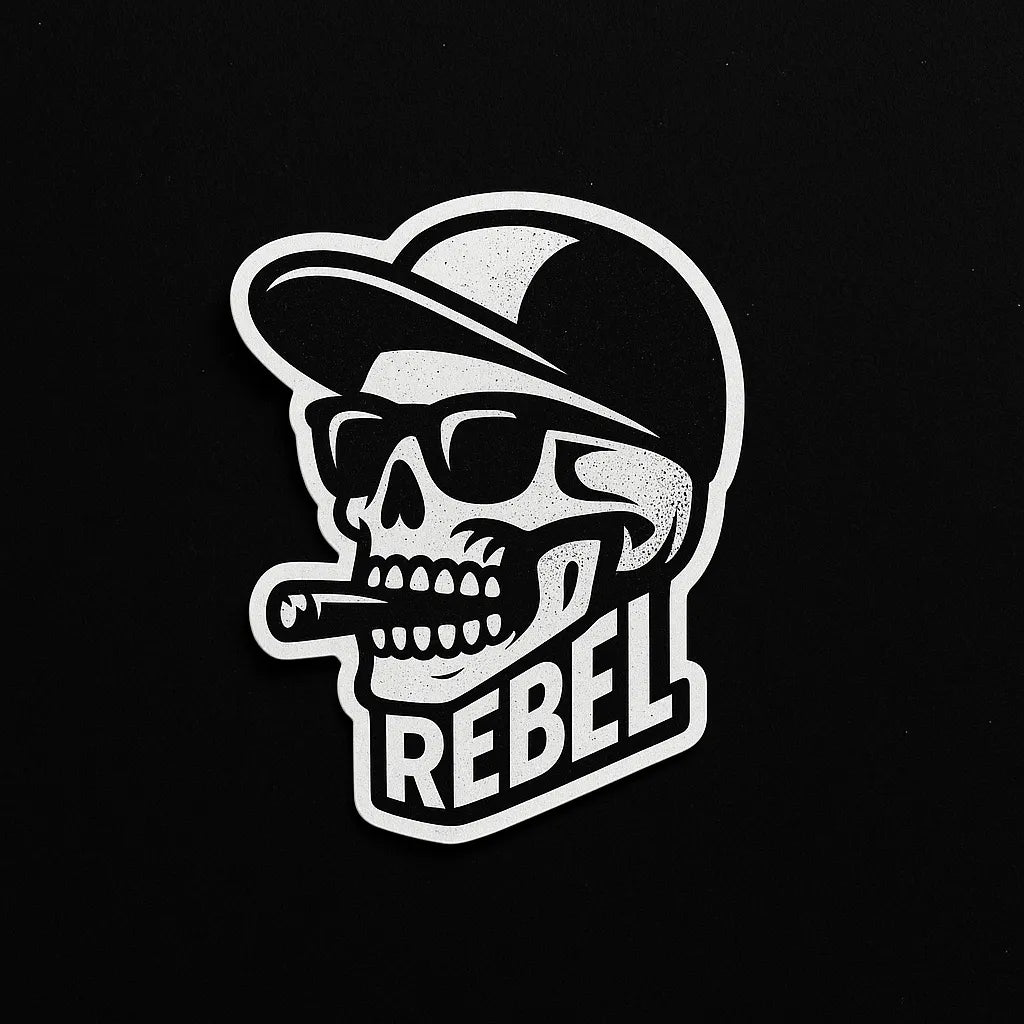 Example output from the Striking Black White Sticker Designs ChatGPT prompt: Rebel