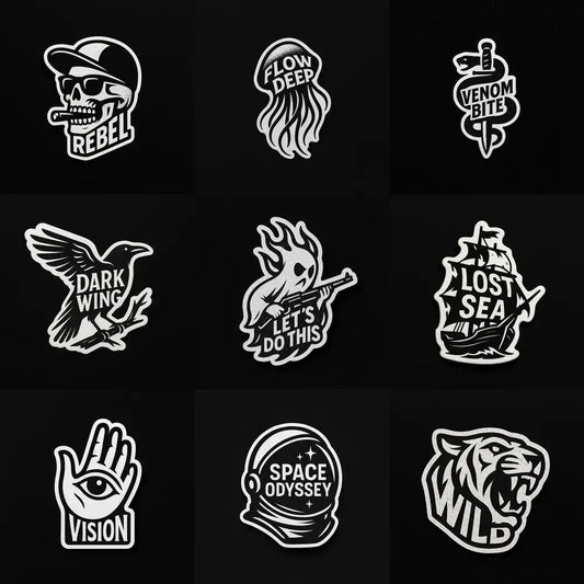 Example output from the Striking Black White Sticker Designs ChatGPT prompt: clean high-contrast vector stickers with bold typography, graphic symbols, and minimal negative space.