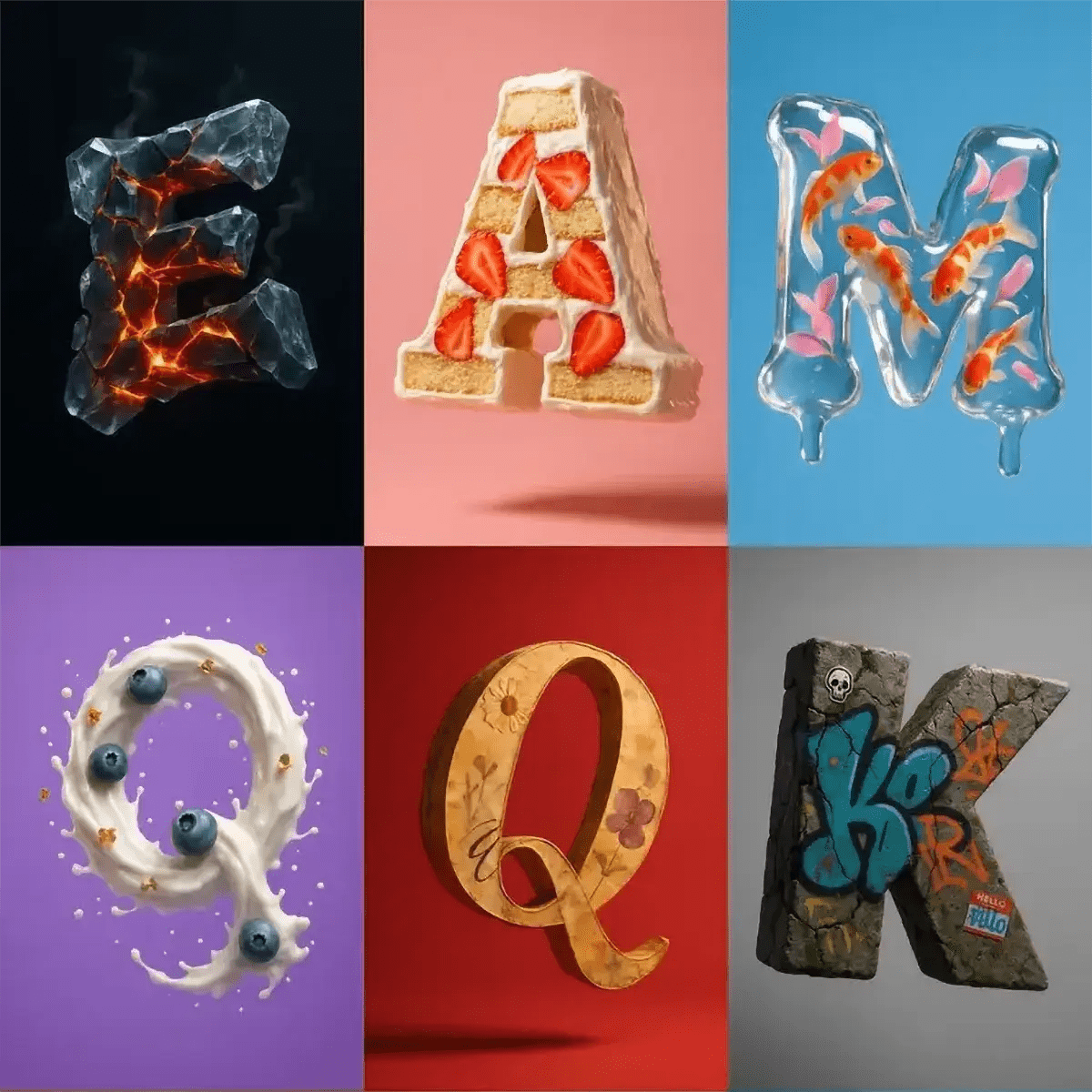 Example output from the Stunning 3D Letters With Rich Materials ChatGPT prompt: individual floating letters in marble, crystal, wood, and molten textures, rendered mid-air with soft cinematic lighting and dramatic backdrops.