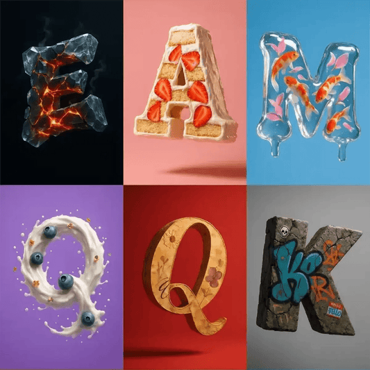 Example output from the Stunning 3D Letters With Rich Materials ChatGPT prompt: individual floating letters in marble, crystal, wood, and molten textures, rendered mid-air with soft cinematic lighting and dramatic backdrops.