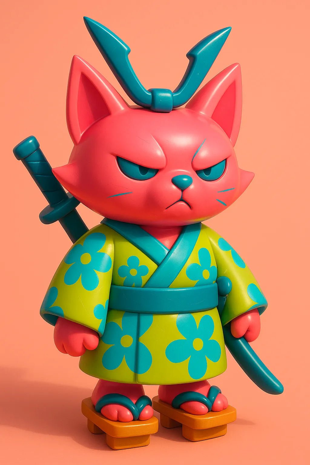 Example output of stylized 3D cartoon toy portraits: Samurai Cat.