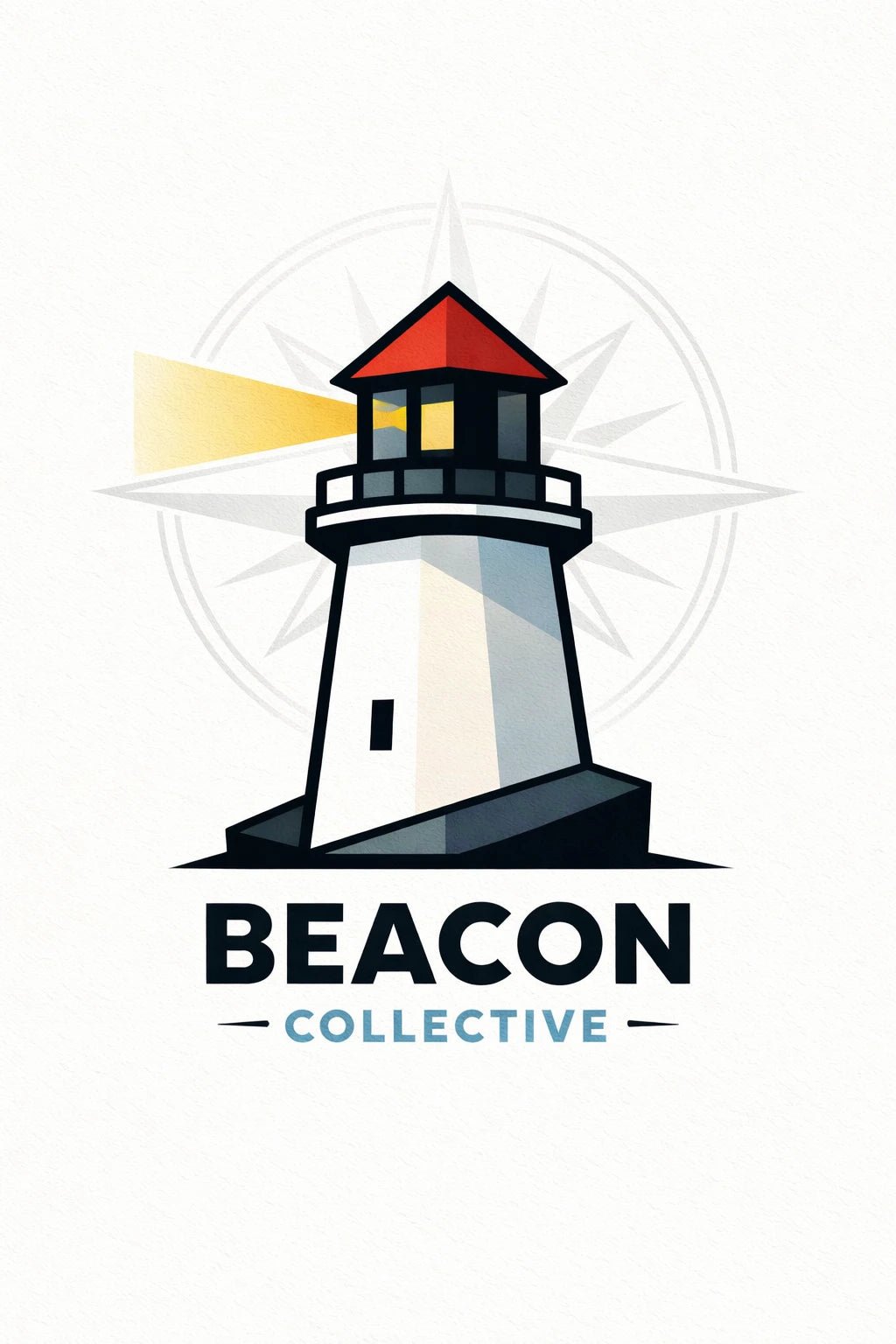 Example output from the Stylized Mascot Bust Logo Designs ChatGPT prompt: a Beacon Collective logo with a lighthouse casting a beam over a compass rose backdrop.