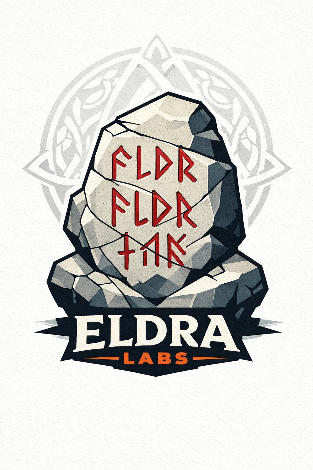 Example output from the Stylized Mascot Bust Logo Designs ChatGPT prompt: an Eldra Labs logo with a faceted grey rune stone marked in red above a bold wordmark.