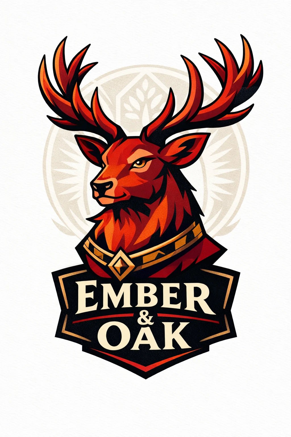 Example output from the Stylized Mascot Bust Logo Designs ChatGPT prompt: an Ember and Oak logo with a red stag bust and antlers above a shield wordmark.