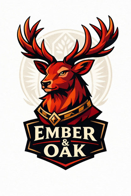 Example output from the Stylized Mascot Bust Logo Designs ChatGPT prompt: an Ember and Oak logo with a red stag bust and antlers above a shield wordmark.