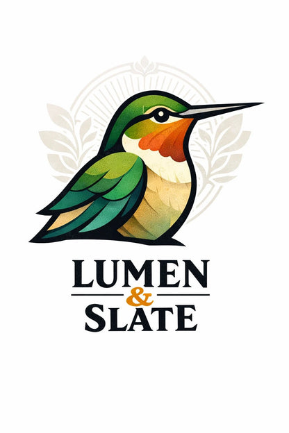 Example output from the Stylized Mascot Bust Logo Designs ChatGPT prompt: a Lumen and Slate logo with a green and orange hummingbird in flat planes above a serif wordmark.