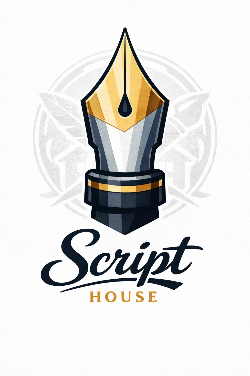 Example output from the Stylized Mascot Bust Logo Designs ChatGPT prompt: a Script House logo with a gold and black fountain pen nib above a script wordmark.