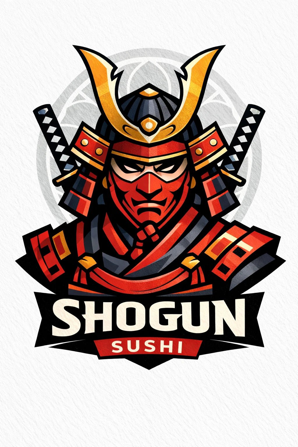 Example output from the Stylized Mascot Bust Logo Designs ChatGPT prompt: a Shogun Sushi logo with a red and black samurai bust in helmet and crossed swords above a banner wordmark.