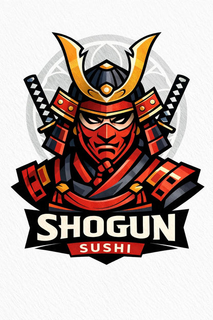 Example output from the Stylized Mascot Bust Logo Designs ChatGPT prompt: a Shogun Sushi logo with a red and black samurai bust in helmet and crossed swords above a banner wordmark.