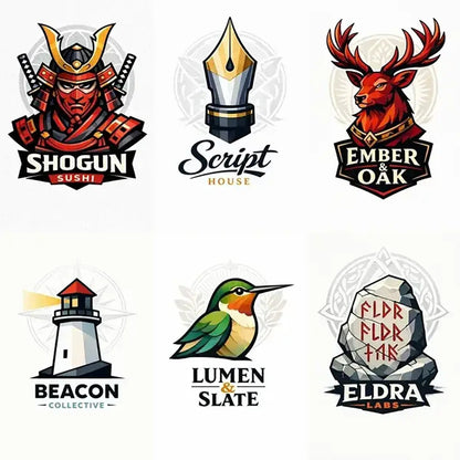 Example output from the Stylized Mascot Bust Logo Designs ChatGPT prompt: a six-logo grid of stylized vector bust marks with wordmarks, reading Shogun Sushi, Script House, Ember and Oak, Beacon Collective, Lumen and Slate and Eldra Labs.