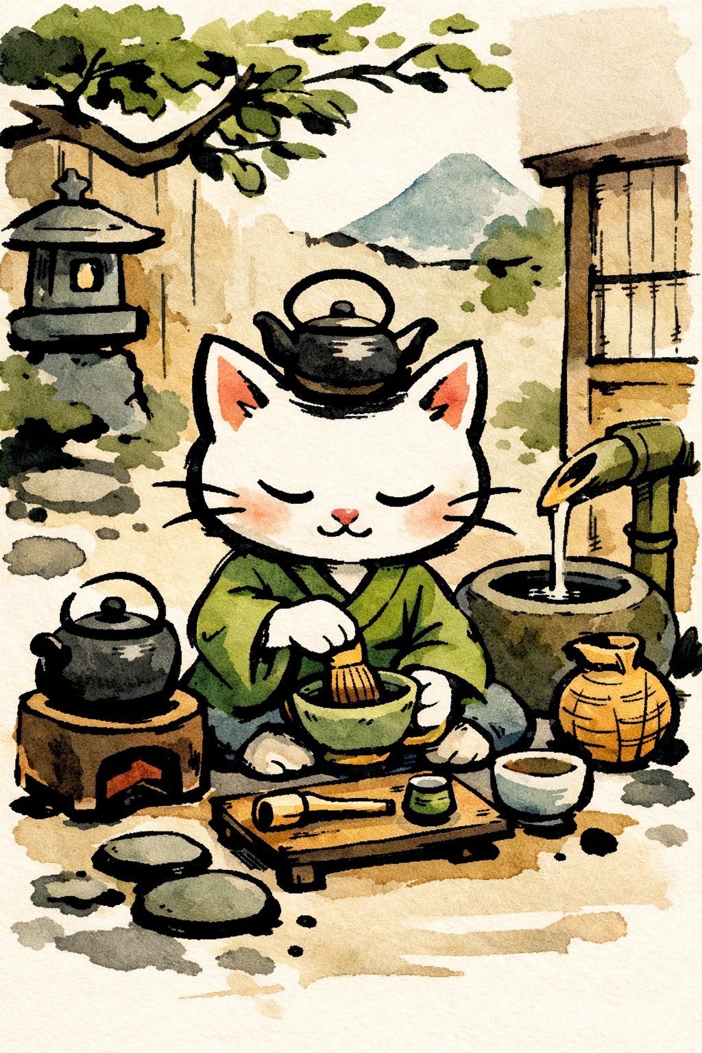 Example output from the Stylized Naive Character Illustrations ChatGPT prompt: a naive ink and watercolour illustration of a white cat in a green robe performing a matcha tea ceremony.