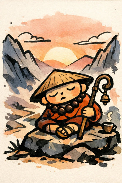 Example output from the Stylized Naive Character Illustrations ChatGPT prompt: a naive ink and watercolour illustration of a monk character with handcrafted line texture and soft colour washes.