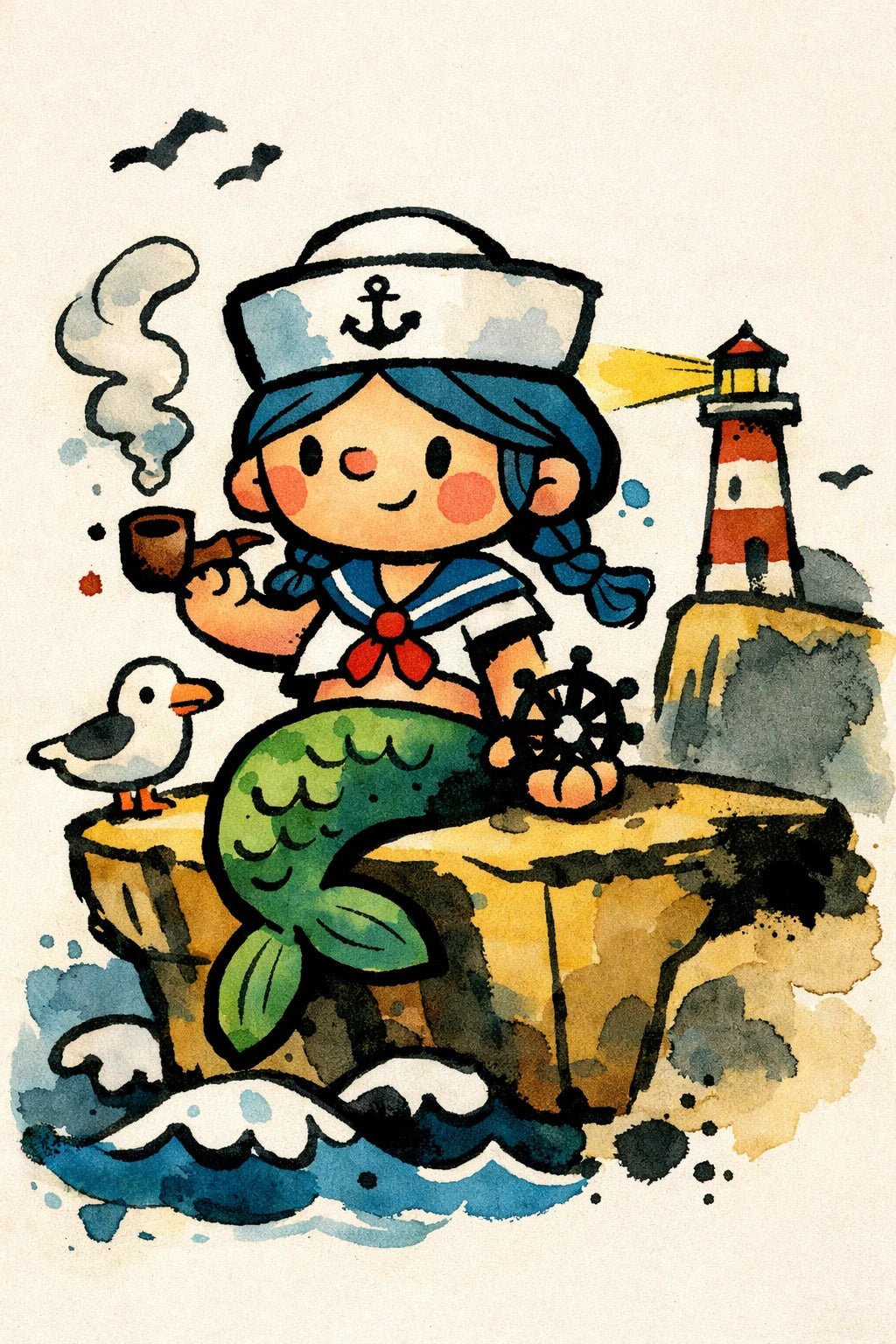 Example output from the Stylized Naive Character Illustrations ChatGPT prompt: a naive ink and watercolour illustration of a sailor mermaid with a pipe and ship's wheel beside a lighthouse.