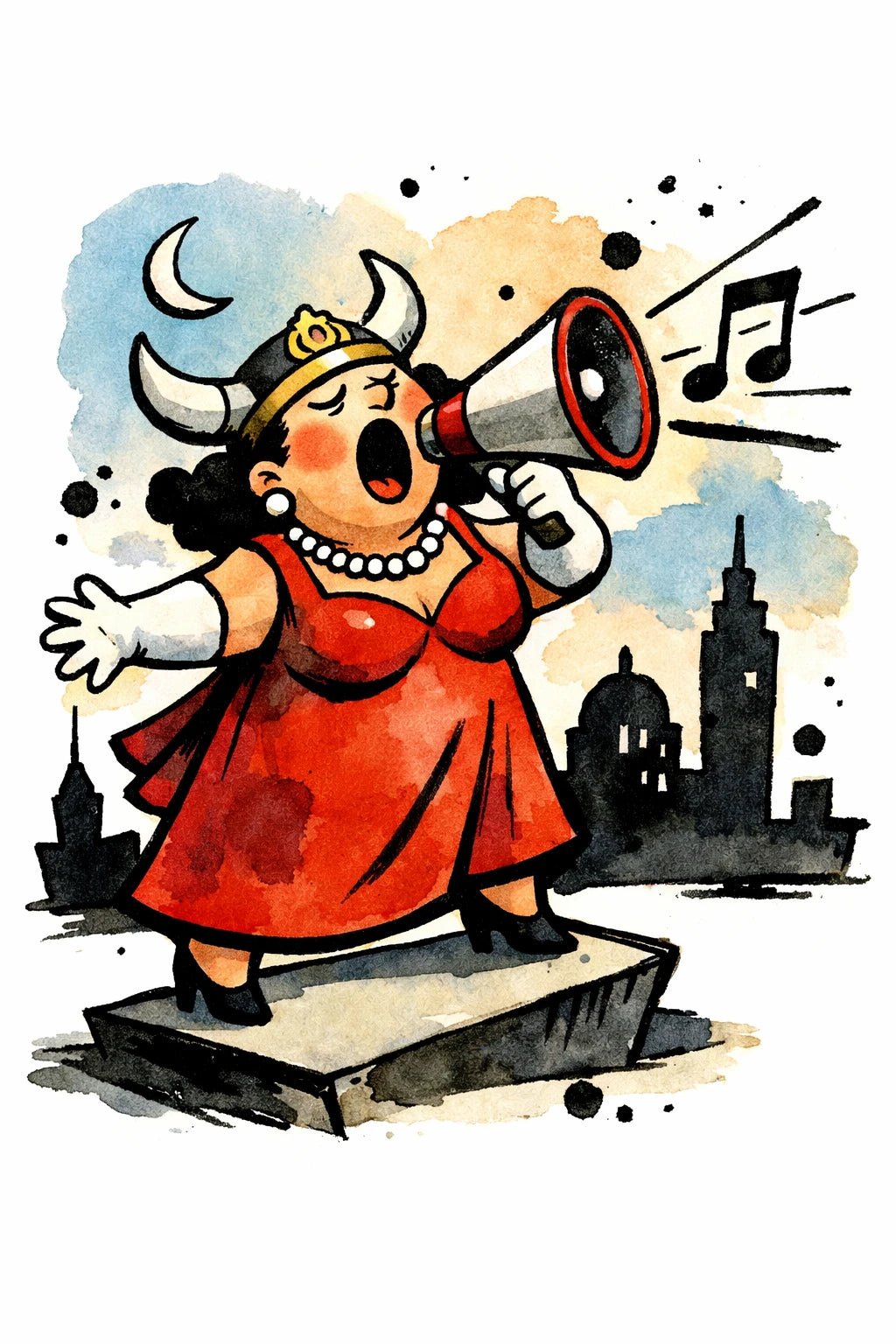 Example output from the Stylized Naive Character Illustrations ChatGPT prompt: a naive ink and watercolour illustration of an opera singer in a red dress belting into a megaphone.
