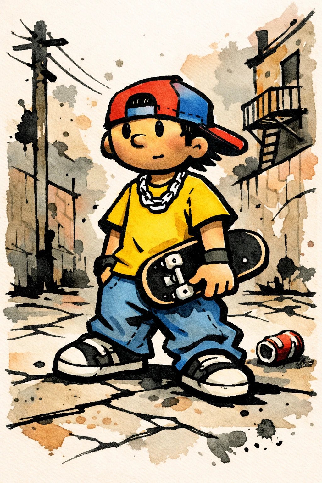 Example output from the Stylized Naive Character Illustrations ChatGPT prompt: a naive ink and watercolour illustration of a skater character with handcrafted line texture and soft colour washes.
