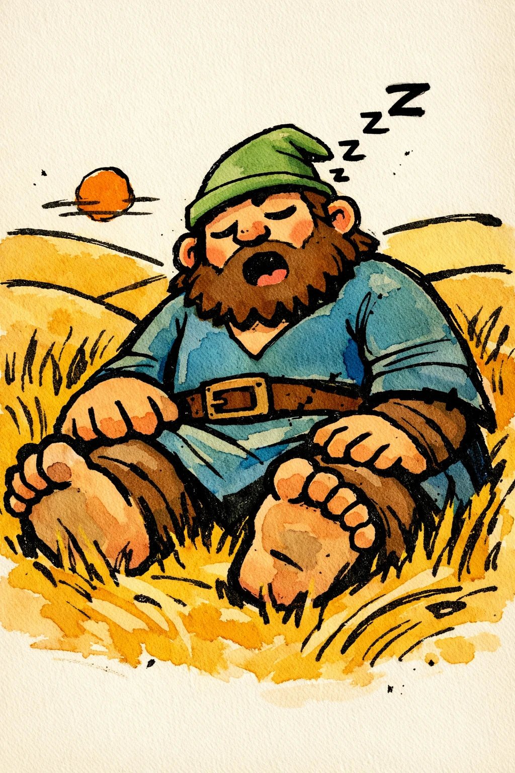 Example output from the Stylized Naive Character Illustrations ChatGPT prompt: a naive ink and watercolour illustration of a bearded farmer asleep in a golden hay field.