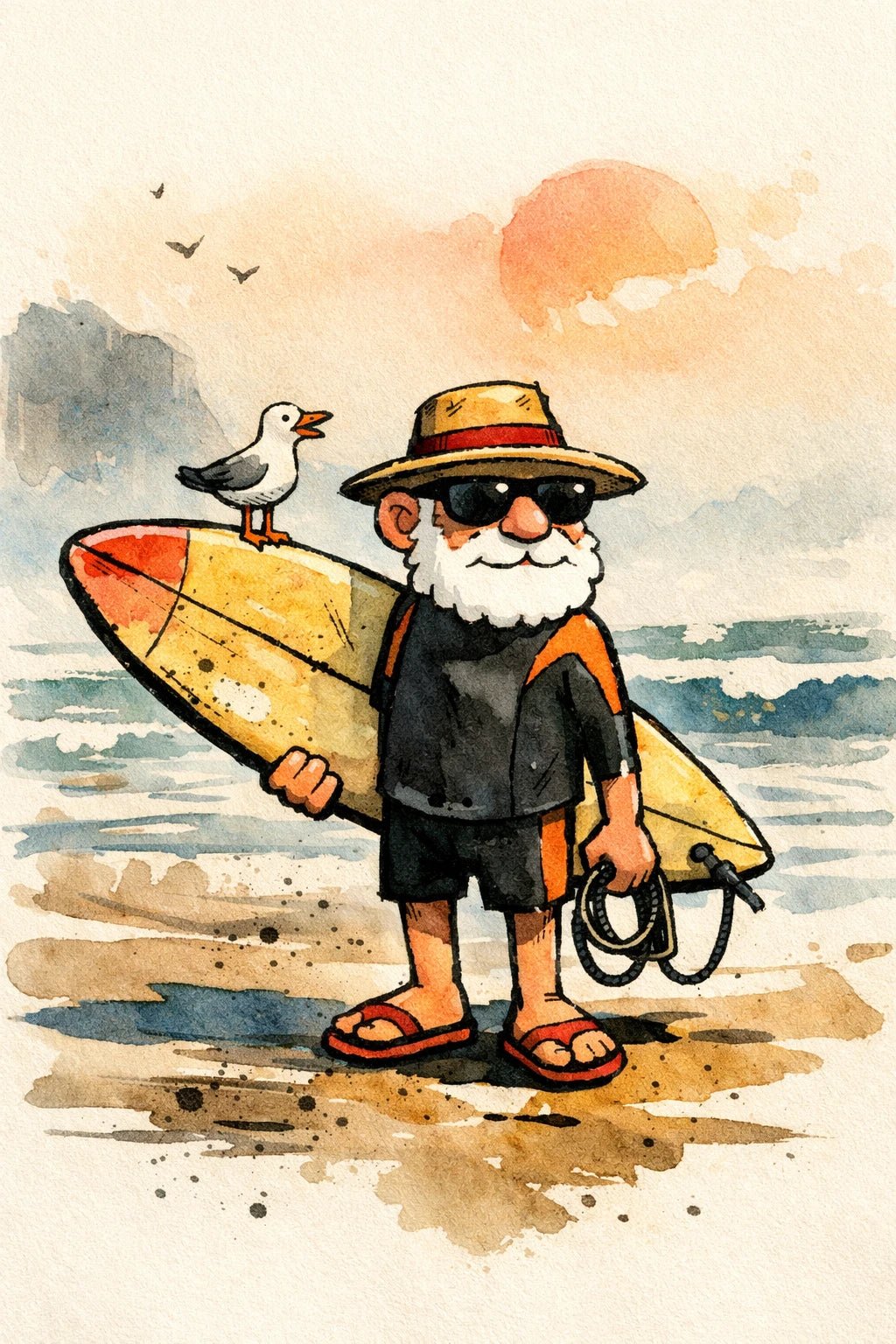 Example output from the Stylized Naive Character Illustrations ChatGPT prompt: a naive ink and watercolour illustration of an elderly surfer with a board and a seagull on a misty beach.