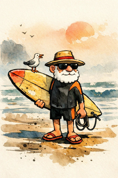 Example output from the Stylized Naive Character Illustrations ChatGPT prompt: a naive ink and watercolour illustration of an elderly surfer with a board and a seagull on a misty beach.