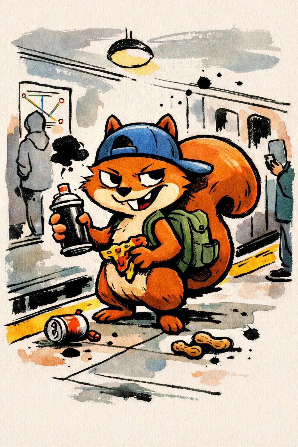 Example output from the Stylized Naive Character Illustrations ChatGPT prompt: a naive ink and watercolour illustration of an urban squirrel character with handcrafted line texture and soft colour washes.