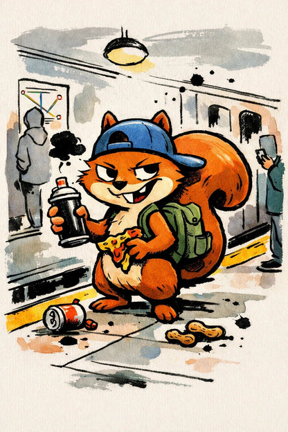 Example output from the Stylized Naive Character Illustrations ChatGPT prompt: a naive ink and watercolour illustration of an urban squirrel character with handcrafted line texture and soft colour washes.